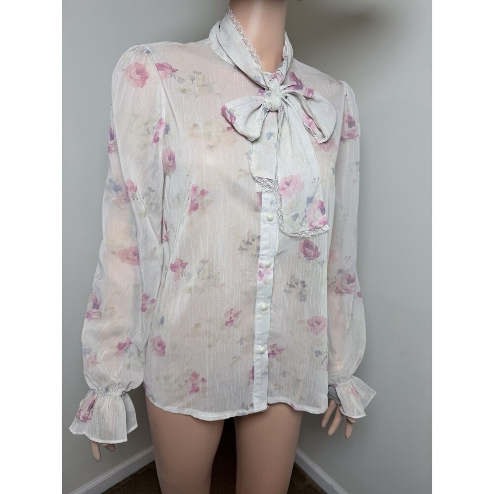Sunny Floral Bow Blouse XL Pink Purple Sheer Chiffon Ruffle Cuff Cottage